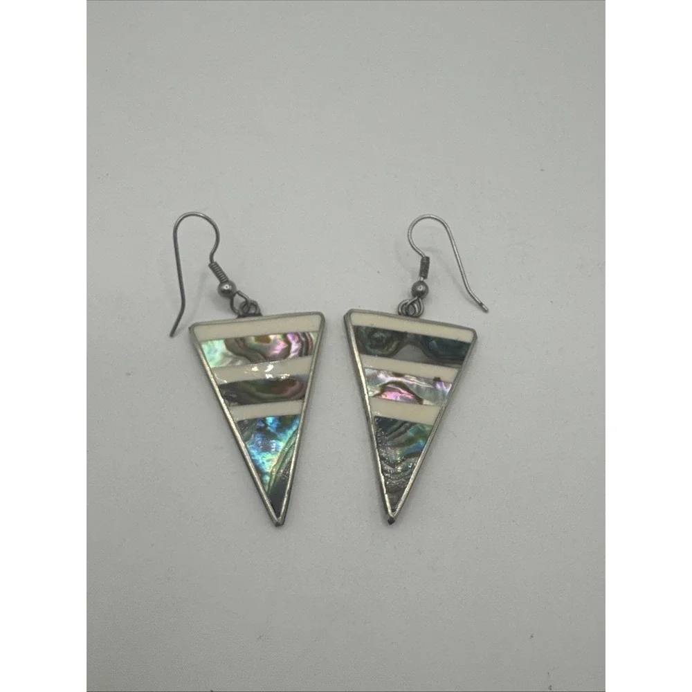 Vintage Mexico Alpaca Sterling Silver Abalone Dangle Drop‎ Earrings